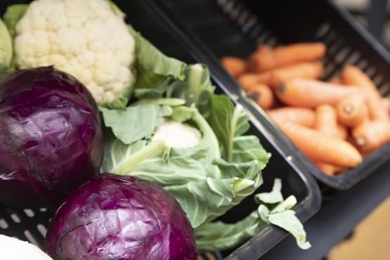 A close up of cabbage, cauliflower and carrots in crates.